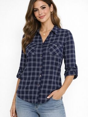 Women's Navy Plaid Button-Down Shirt with Roll-Tab Sleeves